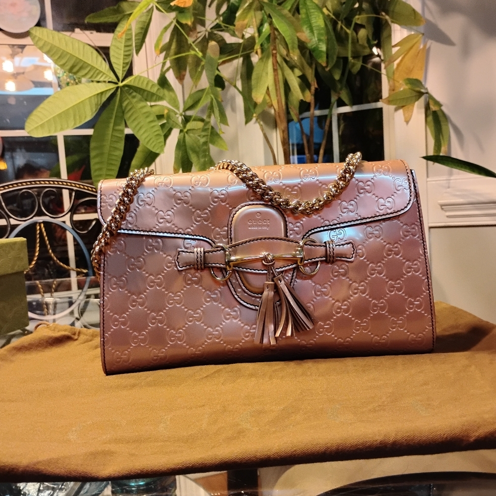 GUCCI Guccissima  Horsebit Tassel Iridescent Pink Leather Bag EMILY